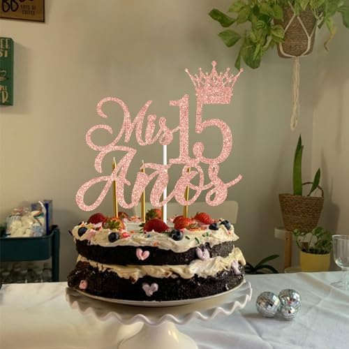 Rose Gold Glitter Mis 15 Anos Cake Topper, Mis 15 Quince/Sweet 15/Happy 15th Birthday, Funny 15th Birthday Party Decorations Supplies