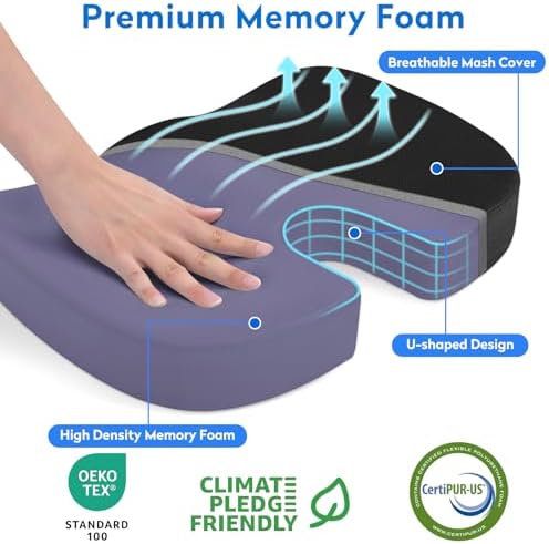 Seat Cushion - Memory Foam Office Chair Cushion for Sciatica, Tailbone & Back Pain Relief - Orthopedic Coccyx Pillow for Car, Airplane, Pregnancy & Long Sitting at Work, Black