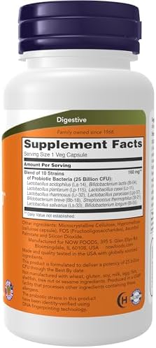NOW Foods Supplements, Probiotic-10™, 25 Billion, with 10 Probiotic Strains, Dairy, Soy and Gluten Free, Strain Verified, 100 Veg Capsules