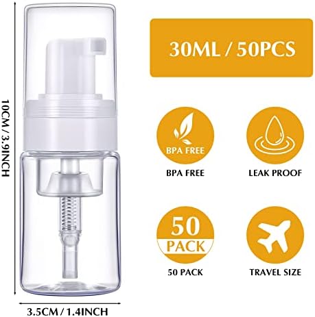 50 Pack Foam Pump 1oz/30ml Refillable Dispenser Travel Size Plastic Mini Bottle for Lash Shampoo, Cleaning, Cosmetics - Portable Clear Foaming Packaging