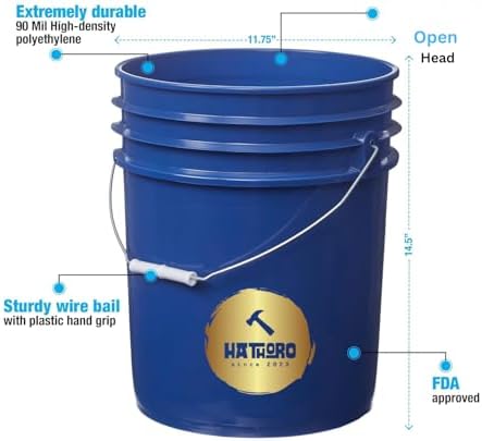 5 Gallon Food Grade Plastic Bucket, Open Head Pail with Handle, 12-3/8 in Diameter x 14-3/4 in Height (Blue, 1 Pack)