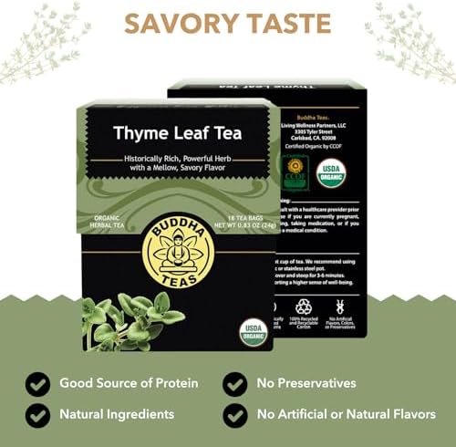 Buddha Teas - Organic Thyme Leaf Tea - Herbal Tea - For Health & Wellbeing - With Antioxidants & Minerals - Clean Ingredients - Caffeine Free - OU Kosher - 18 Tea Bags (Pack of 1)