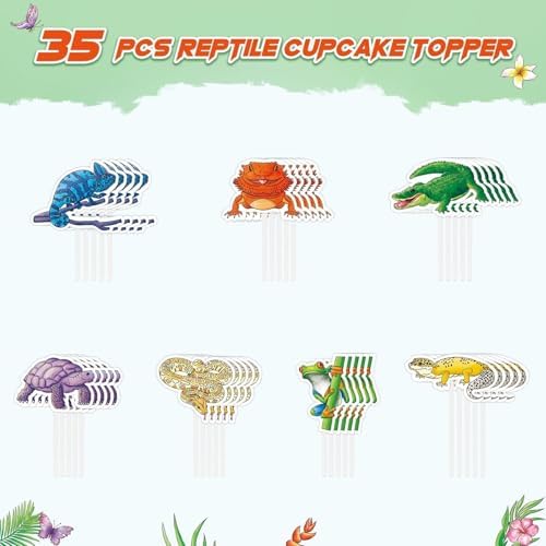 WERNNSAI 35 PCS Reptile Cupcake Toppers - Reptile Birthday Party Decorations for Kids Boys Snake Frog Cake Toppers Reptile Party Leopard Gecko Dessert Cake Insert Jungle Camping Cupcake Supplies