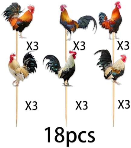 18 Pieces Glitter Rooster Cupcake Topper for Farm Theme Party Favors Decorations Men Women Happy Birthday Party Decor Supplies