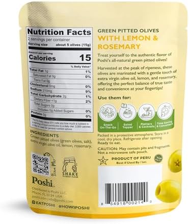 POSHI Green Pitted Olives - Lemon & Rosemary | Vegan, Kosher, Gluten Free + Keto Friendly, Fresh, All Natural Low Calorie Healthy Snacks | (30 Pack, 1.1oz Bags)