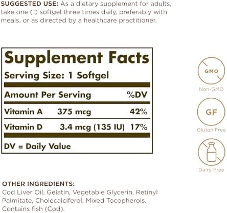 Solgar Cod Liver Oil - 250 Softgels, Pack of 2 - Provides Vitamins A & D - Non-GMO, Gluten Free - 500 Total Servings