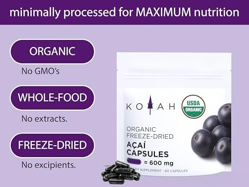 KOYAH - Organic Acai Capsules - Freeze-Dried, 600 mg, Vegan, Gluten-Free, Non-GMO. Antioxidant Support. 60 Capsules