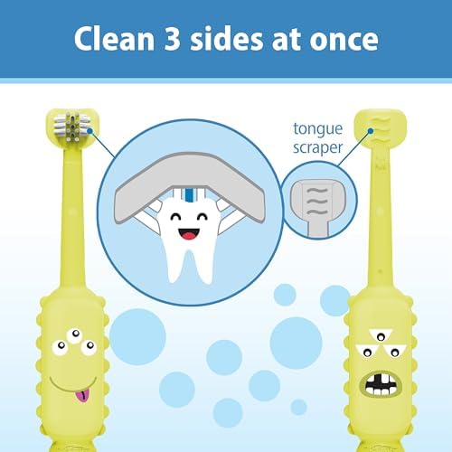 Dr. Brown's ToothScrubber Toddler Toothbrush, Triple-Sided Training Toothbrush with Suction Cup Base, Green Monster, Baby Oral Care, Ages 1-4 Years