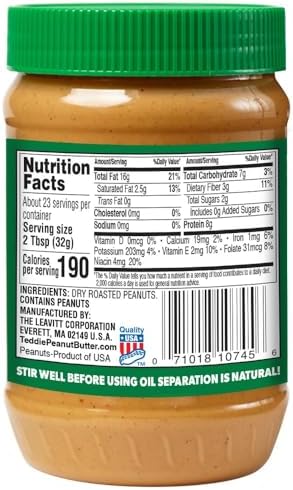 Teddie All Natural Smooth Unsalted Peanut Butter, Gluten Free & Vegan, Plastic Jar (26 Ounce (Pack of 1))