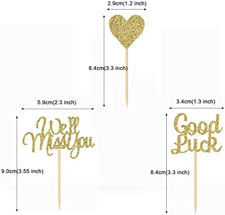 Morndew 24 PCS Gold Glitter We Will Miss You Good Luck Heart Cupcake Toppers for Office Work Party Going Away Party Farewell Retirement Anniversary Celebration Party Decorations