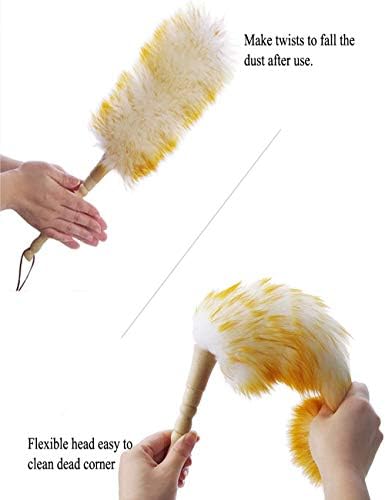 J&A Lambswool Dusters with Solid Wooden Handle, Flexible Head, Anti-Static, Comfortable Grips 17.8 inchs Long Feather Duster for Office, Home and Car etc.
