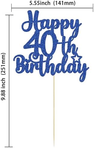 Gyufise 1Pc Happy 40th Birthday Cake Topper Glitter Cheers to 40 Years Old 40th Birthday Cake Pick for Celebrating 40th Birthday Anniversary Party Cake Decorations Supplies Blue