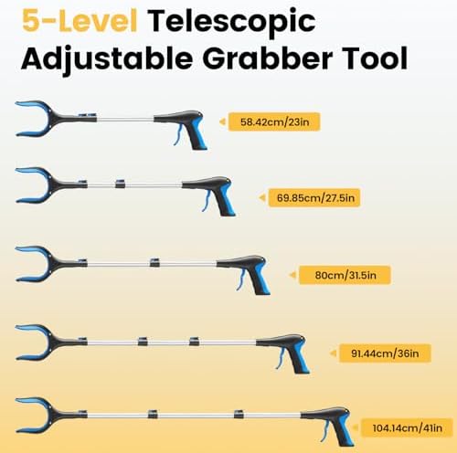 Telescopic Grabber Reacher Tool, 5-Level Adjustable Length (23'' to 41'') - Trash Claw Gripper, Pickup Stick for Litter Picking, Yard Work, and Seniors (Blue)