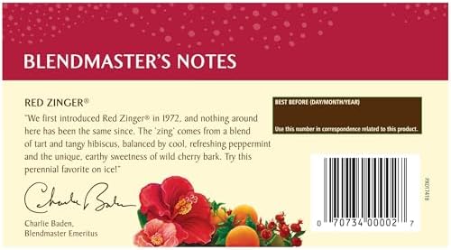 Celestial Seasonings Hibiscus Tea, Red Zinger Herbal Tea, Caffeine Free, 20 Tea Bags
