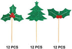 Ercadio 36 Pack Christmas Holly Leaves and Berries Cupcake Toppers Xmas Tree Cupcake Picks Christmas Eve Party Cake Decorations Supplies
