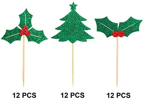 Ercadio 36 Pack Christmas Holly Leaves and Berries Cupcake Toppers Xmas Tree Cupcake Picks Christmas Eve Party Cake Decorations Supplies
