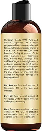 Handcraft Blends Grapeseed Oil | 100% Pure and Natural | Bath & Body Oil | Premium Grade Carrier Oil | Skin | Hair | Body | Massage | Cold-Pressed | Hexane-Free | 8 Fl Oz