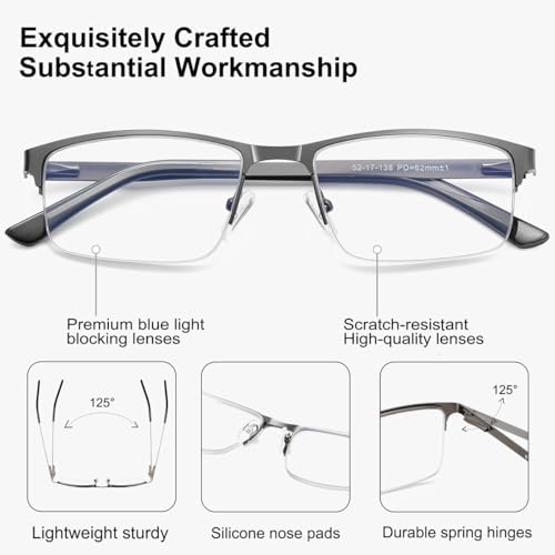 EYECEDAR 5 Pack Reading Glasses Men Blue Light Blocking Eyeglasses Gunmetal Gray Metal Half Frame Spring Hinges Readers for Men and Women 1.5