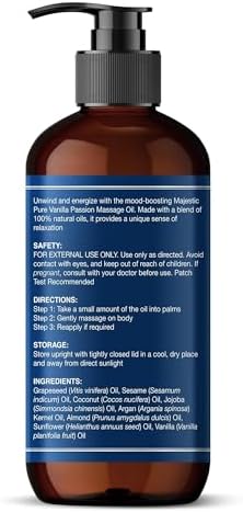 MAJESTIC PURE Vanilla Passion Massage Oil for Massage Therapy - Refreshing and Relaxing - Natural Oils with Vanilla Oil, Coffee Oil Shea Butter for All Skin Types Men and Women Massage Lotion- 8 fl oz