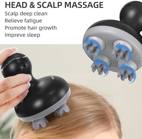 cotsoco Electric Scalp Head & Back Massager, Cordless Hair Massage Waterproof Head Massager with 4 Heads 84 Nodes for Hair Growth, Stress Relief & Deep Clean, Gifts for Men Women, Black