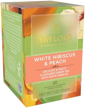 Taylors of Harrogate White Hibiscus & Peach, Green Tea Individually Wrapped Bags, 20 Count (Pack of 1), Delicate, Fruity and Sweet, Caffeinated, Enjoy Hot or Iced, 20 Teabags