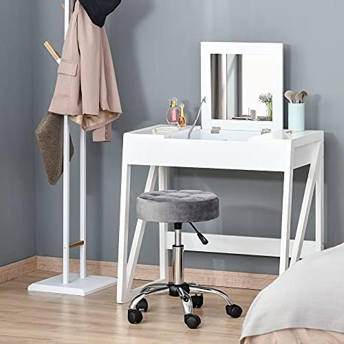 HOMCOM Round Rolling Stool with Height Adjustable Lift, Vanity Chair with Luxury Style Upholstery, Office Chair with Swivel Seat and Wheels for Work Spa Salon, Grey