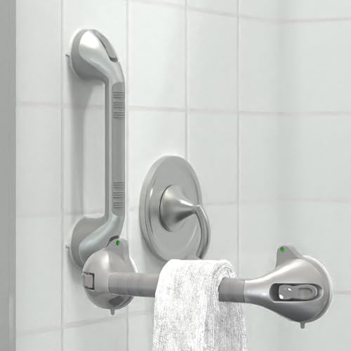 17“ Suction Shower Grab Bar with Indicators, Tool-Free Installation, Steady Handle for Balance Assist for Bathtub, Toilet, Bathroom, Dual Tone, Silver/Gray 2-Pack