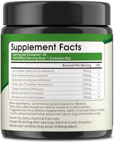 Mushroom Matcha Powder, Japanese Ceremonial Matcha Infused With 7 Superfood Mushrooms, MCT Oil, Coconut Milk Powder, Natural, Gluten Free, Taste Great Matcha Latter 8 Oz(45 Servings)