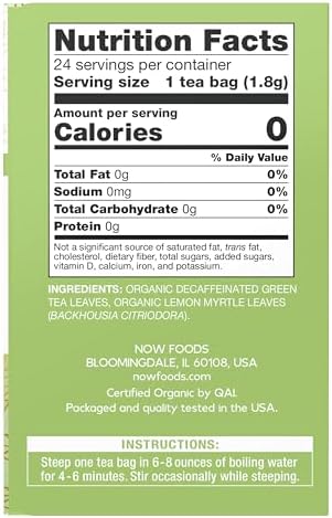 NOW Foods, Certified Organic Green Tranquility™ Tea, Decaf Green with Lemon Myrtle, Non-GMO, Premium Unbleached Tea Bags with No-Staples Design, 24-Count