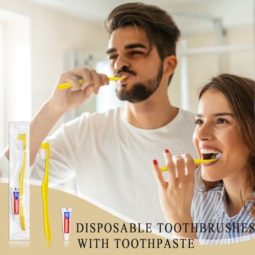 Disposable Toothbrushes with Toothpaste,50 Pack Yellow Hollow Individually Wrapped Disposable Travel Toothbrushes Kit in Bulk for Homeless,Nursing Home,Hotel,Charity