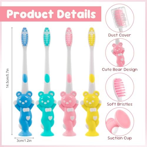Toothbrushes for Kids In Bulk, Individually Wrapped Disposable Toothbrush Cute Manual Soft Bristles Children Toothbrush With Cover Suction Cup Toddler Toiletries Set for Home/School/Travel (8 Pack)