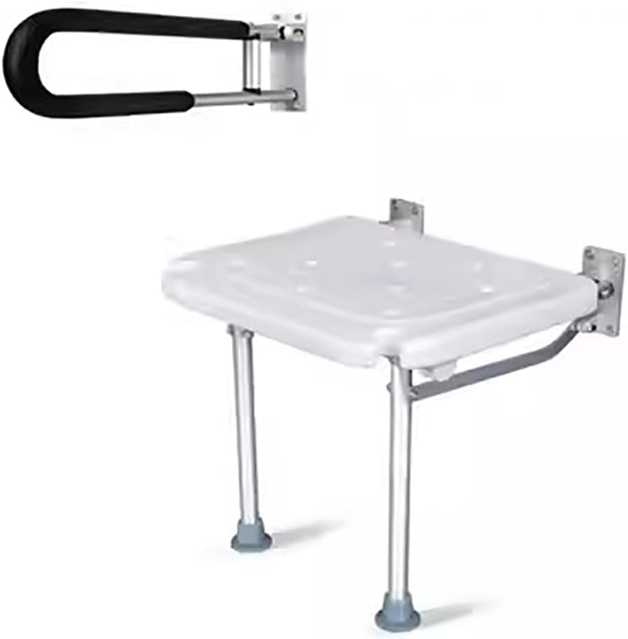 Folding Shower Seat Wall Mounted, Wall-Mounted Barrier-Free Folding Stool for Bath, Fold-Up Seat Chair for Elderly, Fold Down Shower Bench for Elderly,Disabled,Pregnants,with handrail