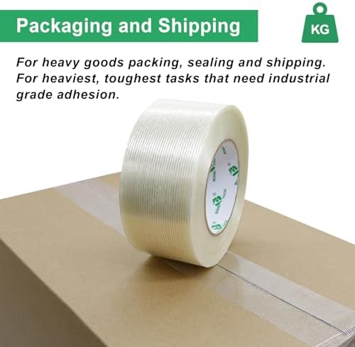 BOMEI PACK Filament Strapping Tape, 5.5 Mil 2 Inch x 60 Yards, Heavy Duty Reinforced Fiberglass Packing Tape, 2 Pack