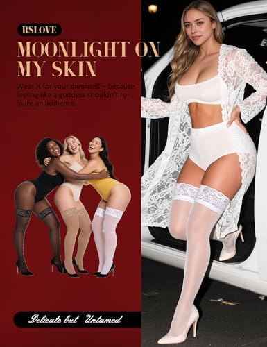 RSLOVE Women's Lace Top Thigh High Sheer Stockings Antiskid Silicone Ultra Shimmery Pantyhose