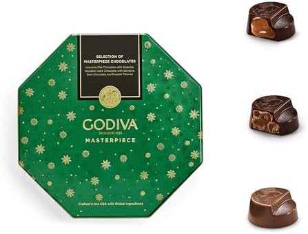 Godiva Holiday Masterpiece Gift Tin, Assorted Milk & Dark Chocolates with Ganache and Caramel, Gourmet Christmas Gift, Kosher & Halal, 50 Pc, 1.5 lbs