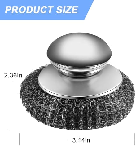 2Pcs Stainless Steel Wool Scrubber with Handle, 4 Replacement Steel Scrubber Wool Pads，Stainless Steel Scrubber for Cleaning Cast Iron, Dishes, Kitchen Pots, Pans, Grills, Stoves, Sink