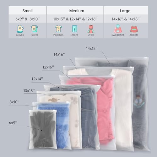 14x18 Inch Clothes Packaging Bags for Shipping, 50Pcs 2 Gallon Frosted Zipper Clothing Packaging Bags for small business, Clear Apparel Bag for Winter clothes, blankets, backpack | No Vent Holes