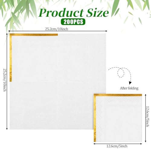 200 Pcs White Napkins with Gold Trim 2 Ply Cocktail Napkins Disposable Decorative Golden Foil Edge Dessert Beverage Napkin Paper for Wedding Reception Birthday Party Anniversary