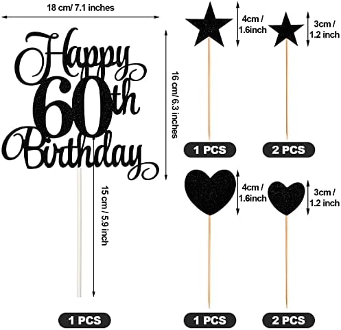 60th Birthday Cake Decorations Set Include 60th Birthday Candles Numeral 60 Cake Candles and Happy 60th Birthday Cake Toppers with Heart Star Cupcake Picks for Birthday Party (Black Series)