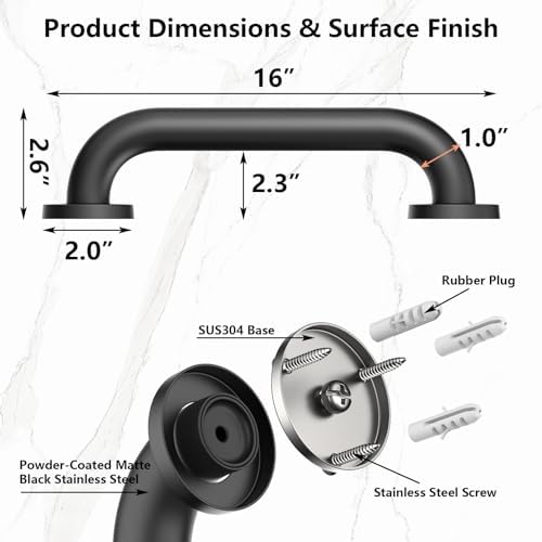 16" Stair Handrail, Wall-Mounted Safety Grab Bar for Indoor & Outdoor Steps, Rustic Pipe Design, Black (2 Sets)
