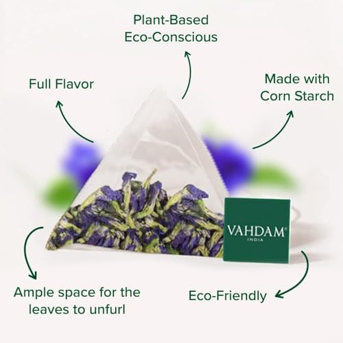 VAHDAM, Butterfly Pea Flower (15 Pyramid Bags) Vegan, Non-GMO | Delicate & Earthy | Direct From Source – Plant-Based Biodegradable | Brew Iced Tea, Cooking, Mocktails & Cocktails