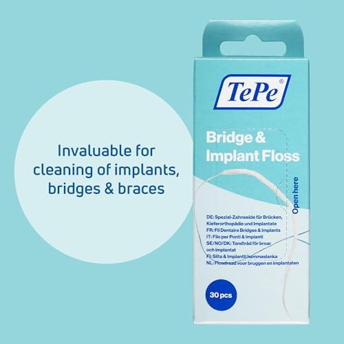 TePe Bridge and Implant Floss for Dental Implants, Bridges, and Braces, Dental Flossers, 30 Pieces (Pack of 2)
