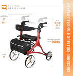 Rhythm Healthcare Crescendo Rollator 4 Wheel Walker with Height and Depth Adjustable Backrest, Foldable Design and Removable Tote Bag, Matte Red