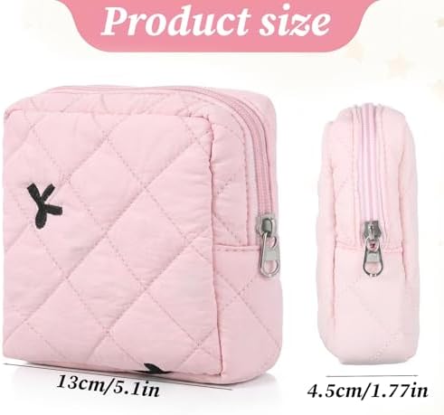 Portable Period Bags for Teen Girls for School, Sanitary Napkin Storage Bag Cute Bow Quilted Tie Period Bag Reusable Menstrual Pad Bags with Zipper Tampon Storage Pouch First Gifts for Women (Pink)