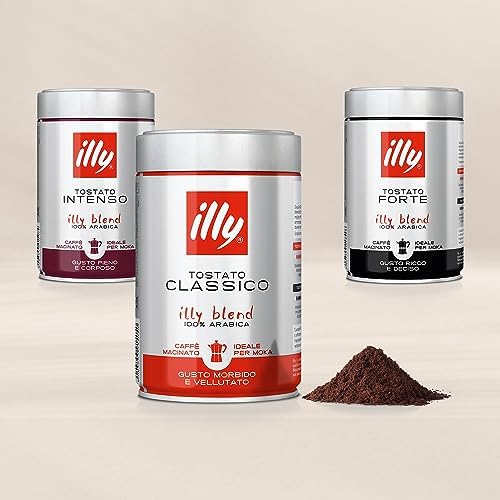 illy Ground Coffee Moka - 100% Arabica Flavored Coffee Ground - Rich Aromatic Coffee Grounds Profile – Classico Medium Roast - Notes of Caramel, Orange Blossom & Jasmine - No Preservatives – 8.8 Ounce