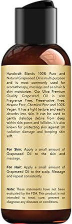 Handcraft Blends Grapeseed Oil - Cold-Pressed 4 Fl Oz - 100% Pure and Natural - Premium Grade Carrier Oil for Skin and Hair - Hair and Body - Massage - Hexane-Free
