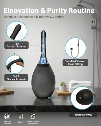 Anal Douche Enema Bulb Kit for Men - 8.3oz, Anti-Backflow & Leakproof, Flexible Silicone Tube, 7 Spouts, Shower-Connected, Portable Douche for Travel and Home, Black
