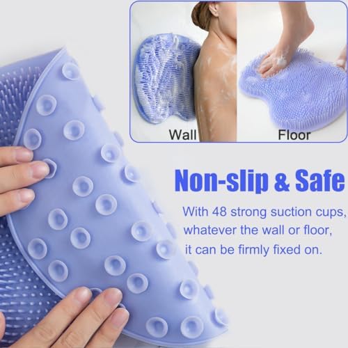2 PCS Shower Foot & Back Scrubber Mat Hands Free Foot Massager Mat with Non-Slip Suction Cups, Wall Mounted Silicone Bathroom Wash Foot Pad Exfoliating Dead Skin Foot Brush (Grey & Purple)