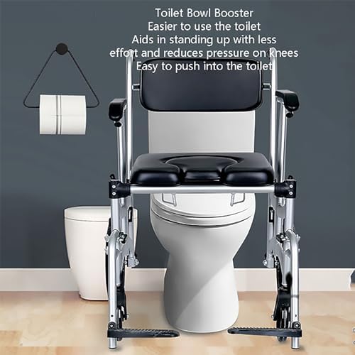 Mobile Shower Chair, 4 in 1 Toilet Rolling Chair with Brake Wheels, Foldable Toilet Chair with Adjustable Armrests, Potty Chair for Adult