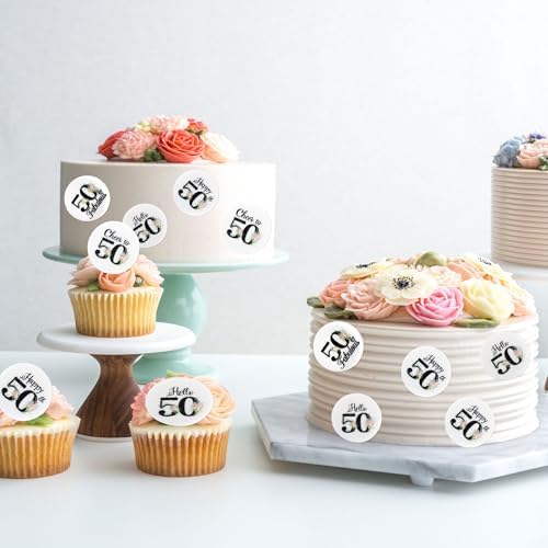 40Pcs Edible Circle Happy 50th Birthday Cupcake Toppers Edible Floral Hello 50 Fabulous Cheers to 50 Cupcake Picks Drink Toppers for Funny Female Floral 50th Birthday Party Decorations